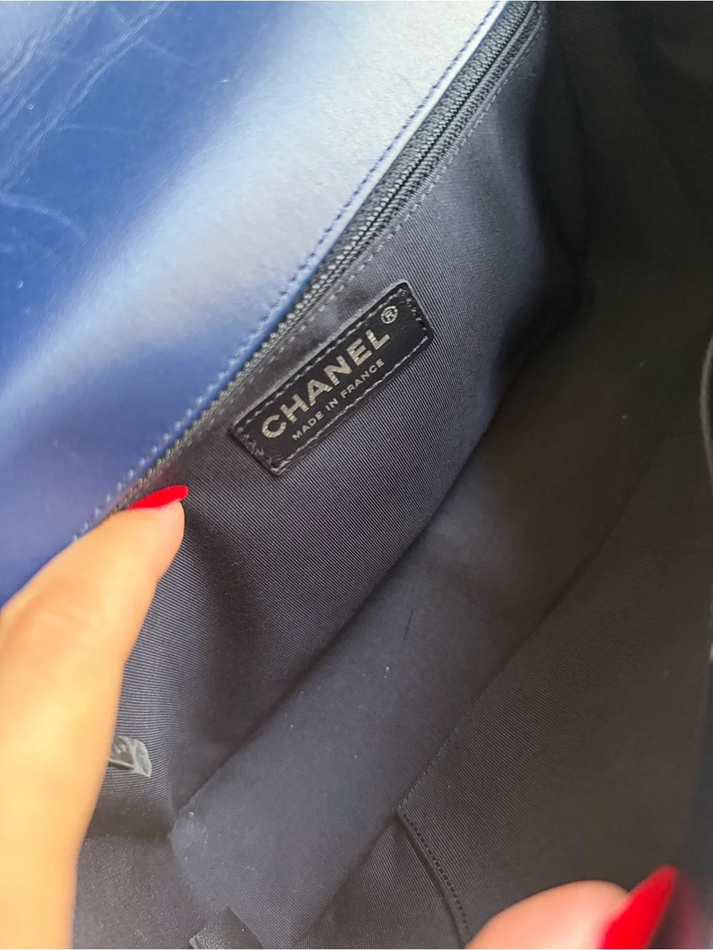 CHANEL Navy Boy Flap Bag Quilted Lambskin Medium with Aged Hardware